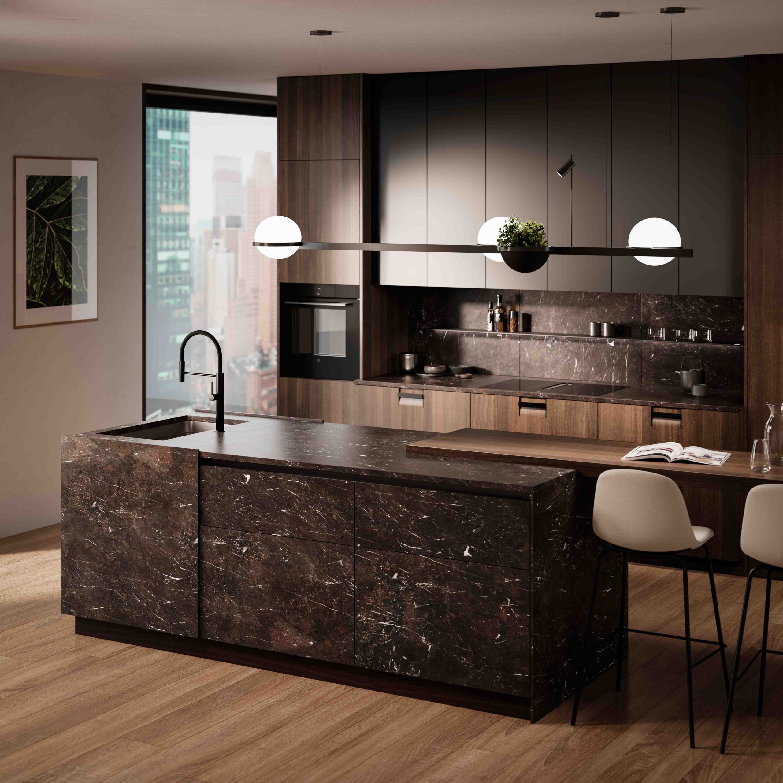 LEICHT Hochschrank mit offenem Regalsystem und dunkler Holzoptik