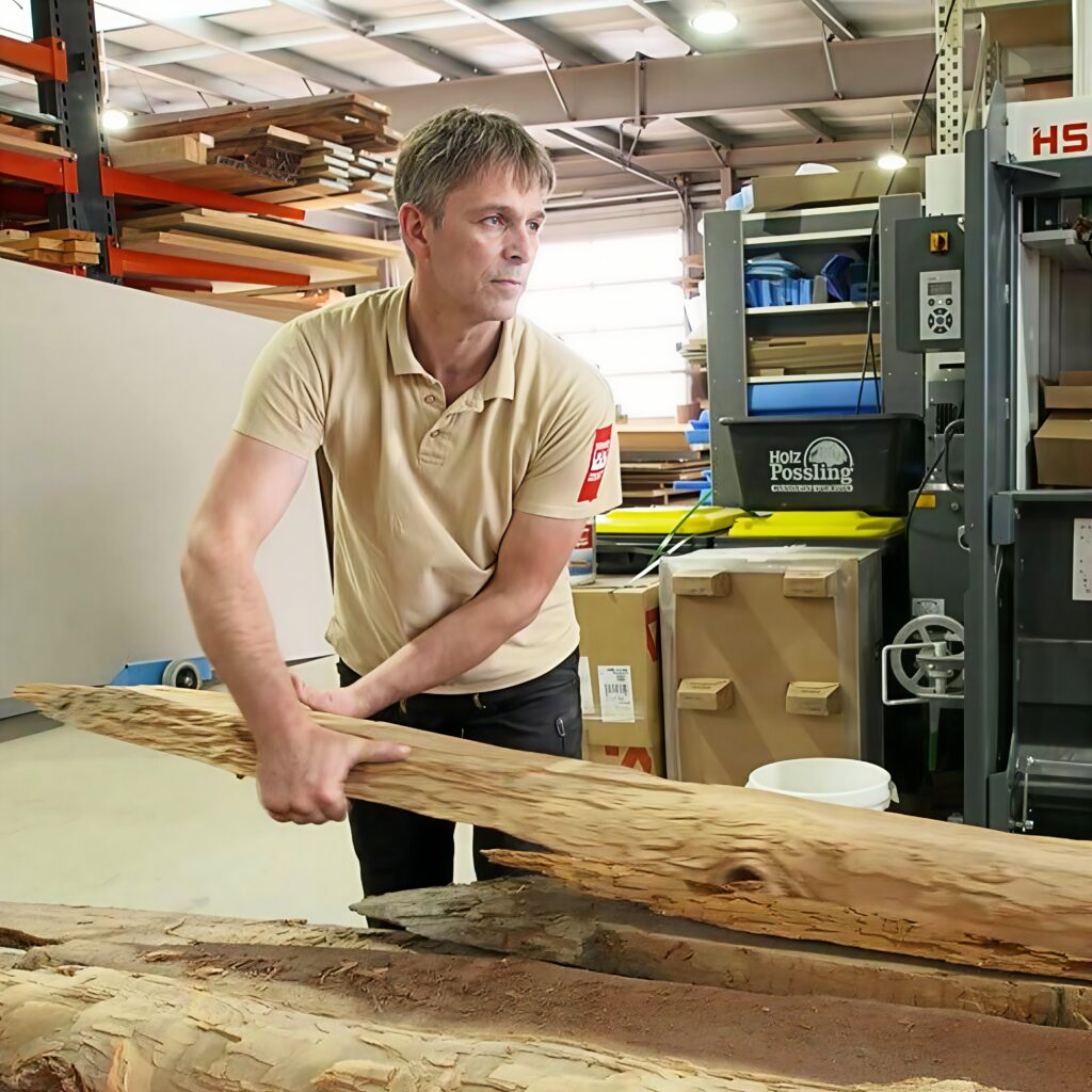Tischlermeister Sebastian Schade bei der Holzbearbeitung in der Werkstatt in Bernau