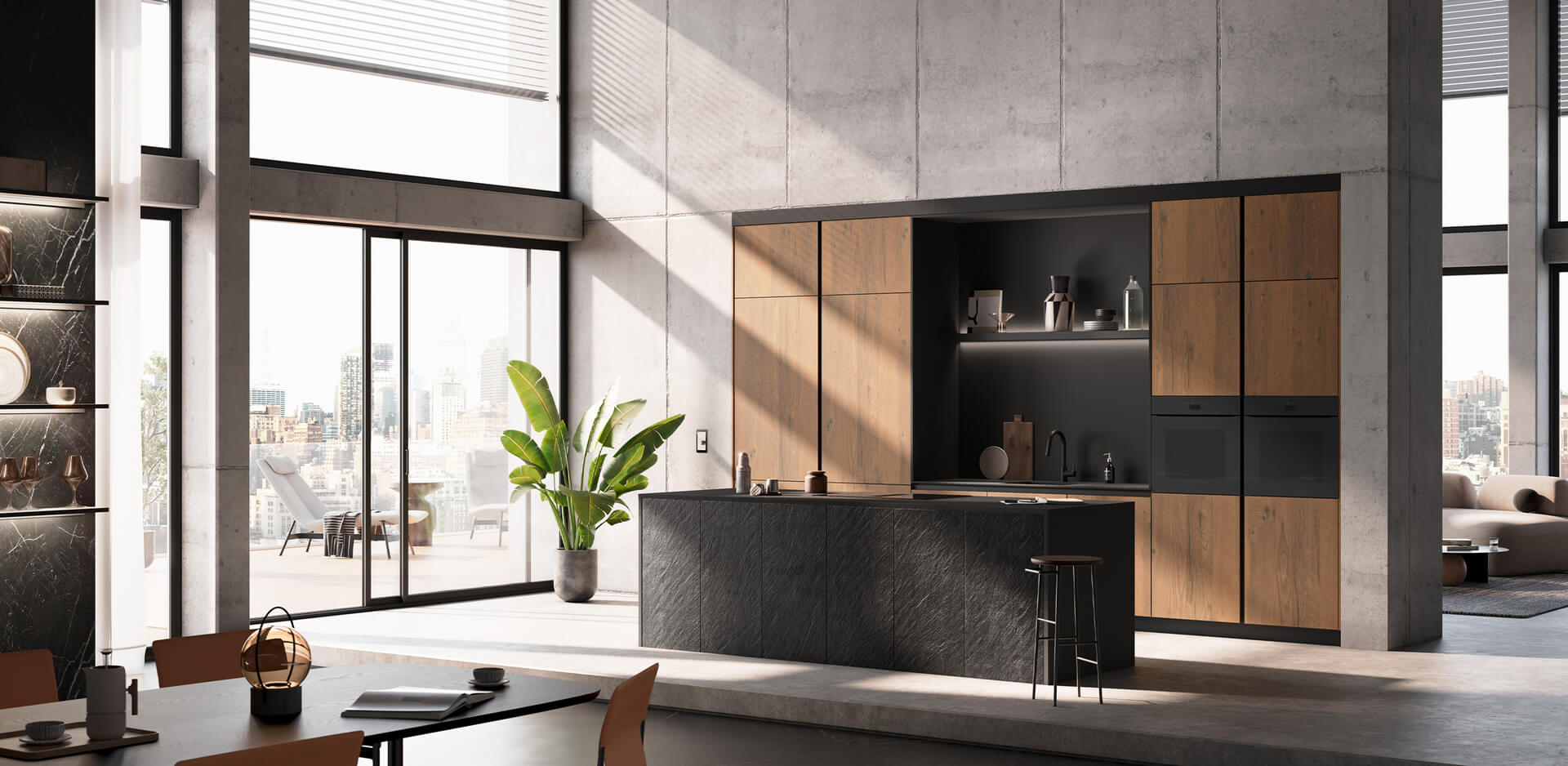 Häcker Küchen – Black Star Küche mit Wildeiche-Nougat-Fronten und Glasvitrine