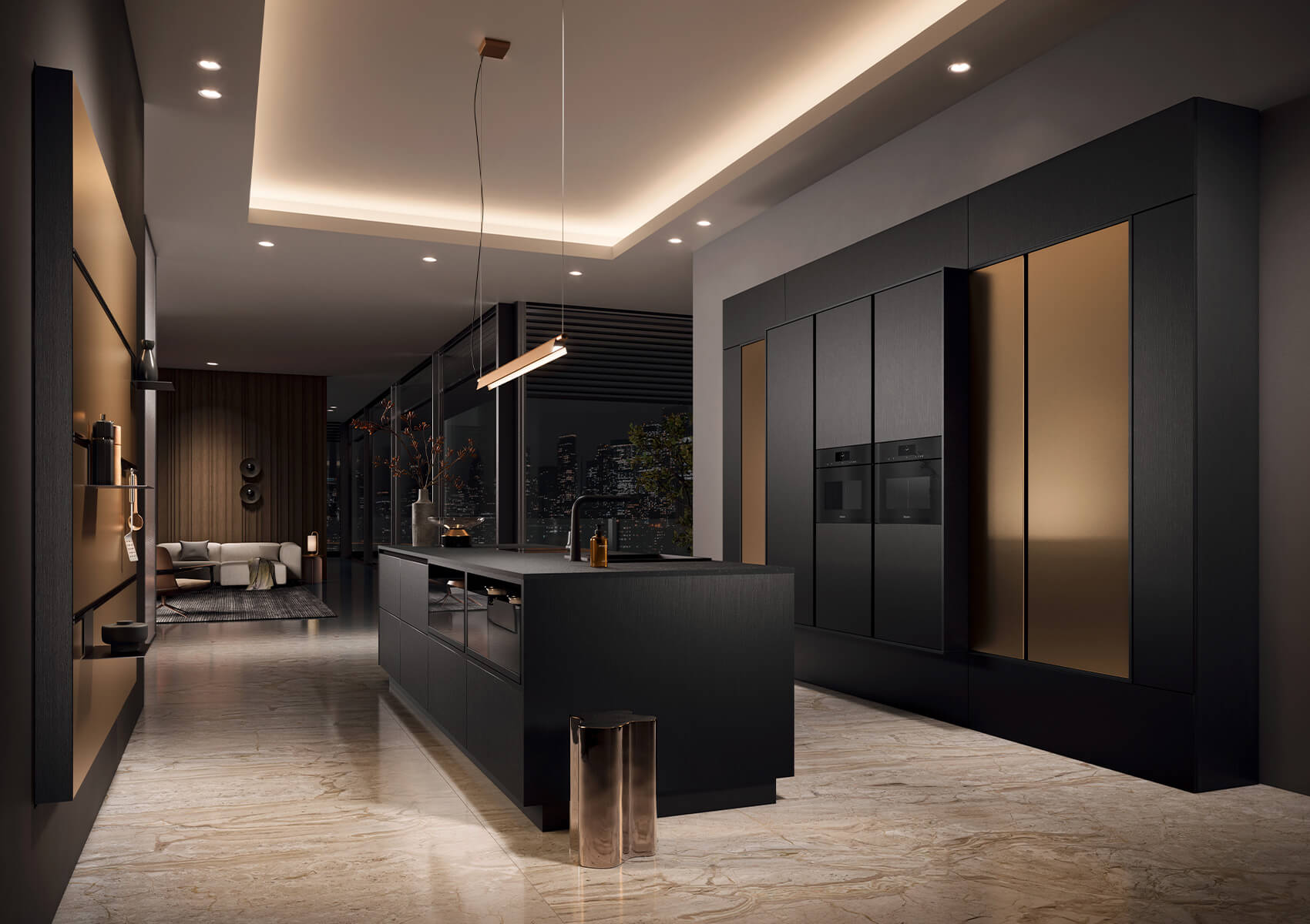 Häcker Küchen – elegante Designküche in Bronze-Schwarz mit Eiche-Akzenten und LED-Beleuchtung