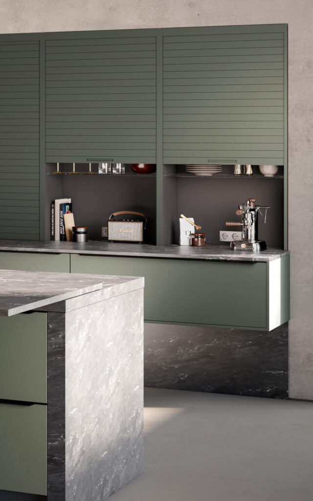 Häcker Küchen – Rollladenschrank in Olivgrün Metallic mit Steinoptik-Arbeitsplatte