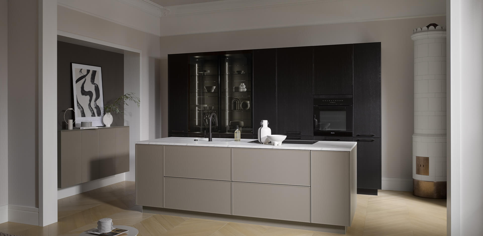 Häcker Küchen – grifflose Küchenzeile in Eiche-Schwarz mit Beigebraun und indirekter Beleuchtung